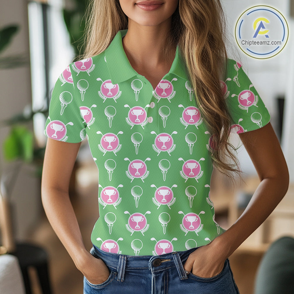 Green and Pink Golf pattern polo golf shirt for Women Custom ladies's golf clothes, best golf gifts NQS11105
