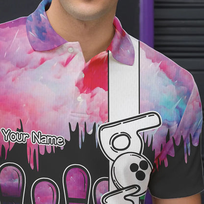 Black and Pink watercolor Bowling Polo, Quarter Zip Shirts For Men Custom Bowling Jersey Team Outfit NQS9593