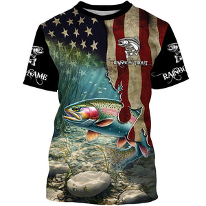 Rainbow Trout Fishing American Flag Patriotic Custom UV protection fishing shirt, Trout fishing jerseys NQS497