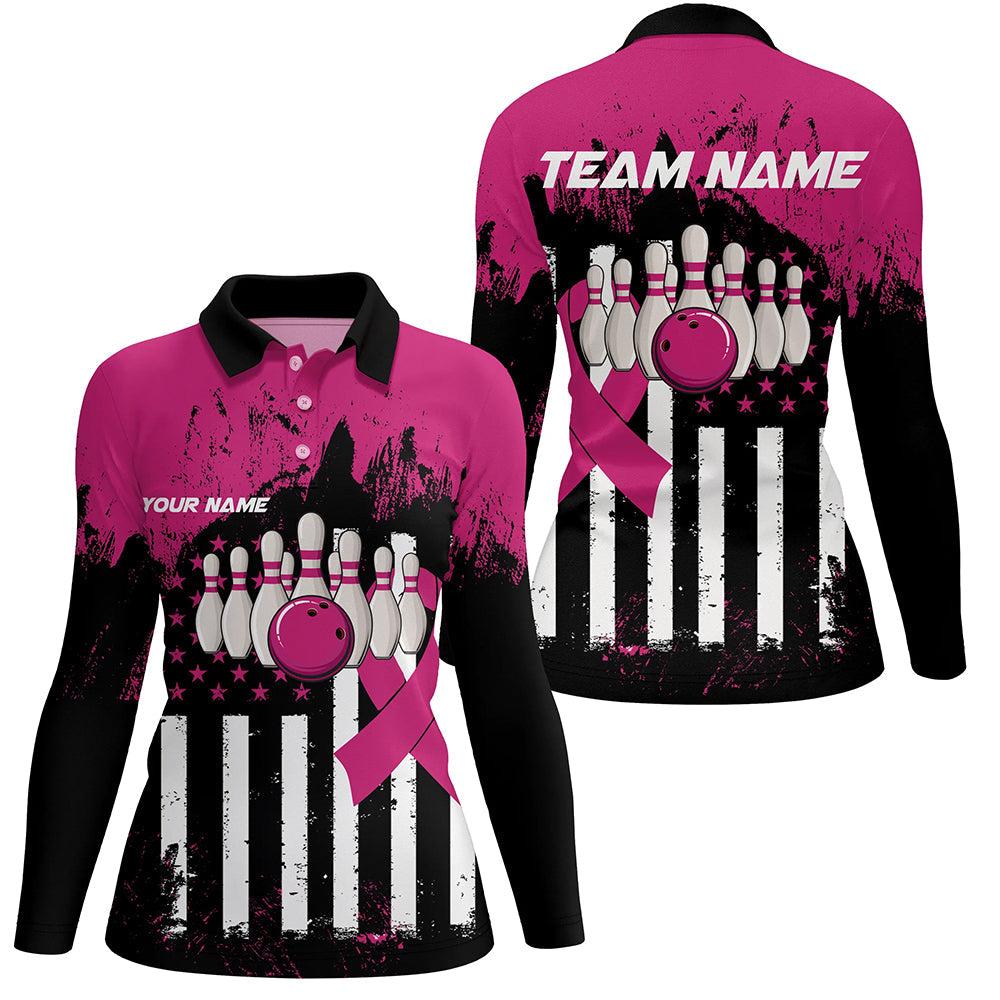 Pink and Black American flag Women Polo, 1/4 Zip Shirts Custom Breast Cancer Awareness bowling jerseys NQS8102