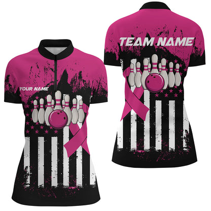Pink and Black American flag Women Polo, 1/4 Zip Shirts Custom Breast Cancer Awareness bowling jerseys NQS8102