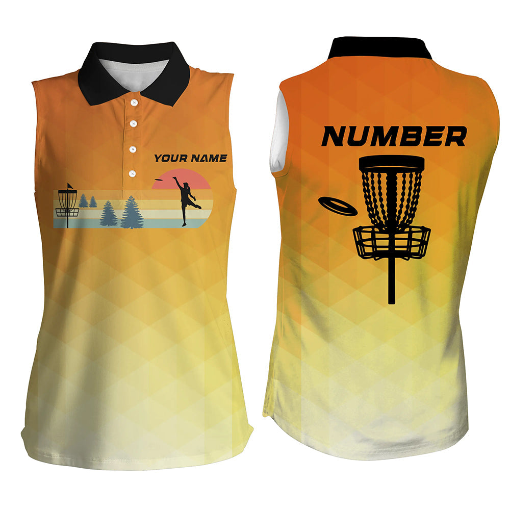Orange gradient Retro disc golf sleeveless polo shirt custom name and number disc golf jerseys NQS8779