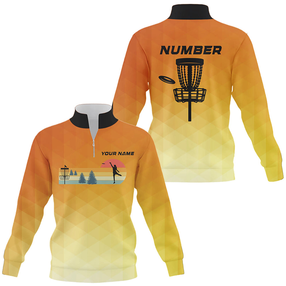 Orange gradient Retro disc golf Quarter zip sweatshirt custom name and number disc golf sweater NQS8779