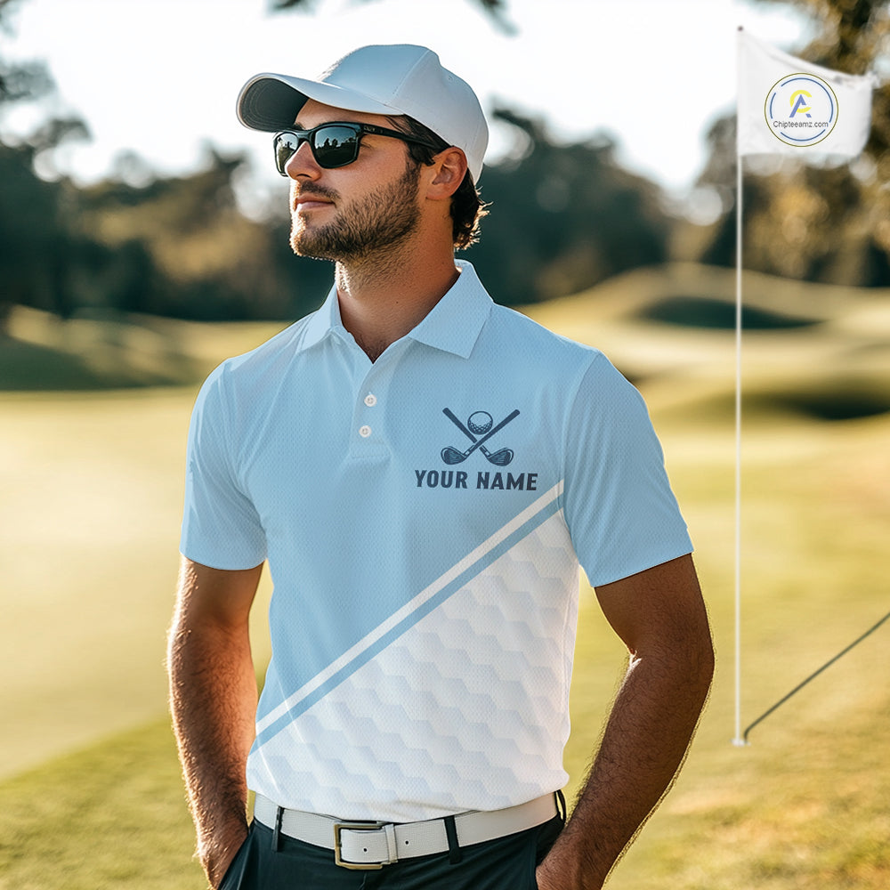 Light Blue and White Golf polo golf shirt for men Custom men's golf outfit, unique golf gifts NQS11112