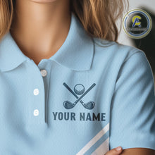 Load image into Gallery viewer, Light Blue and White Golf polo golf shirt for Women Custom ladies's golf outfit, unique golf gifts NQS11112