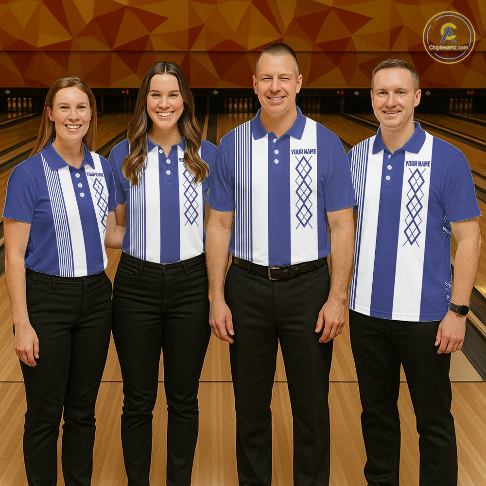 Blue and White Argyle Flame bowling Women Polo, 1/4 Quarter Zip Shirts Custom bowling team jerseys NQS11312