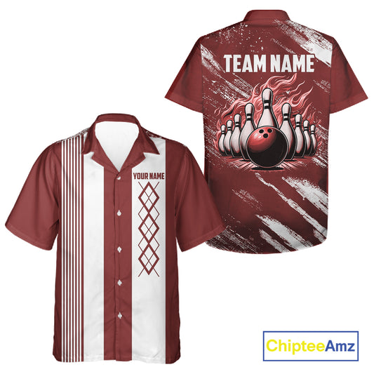 Red and White retro Argyle Flame Bowling Hawaiian Shirt Custom bowling team jersey NQS11313