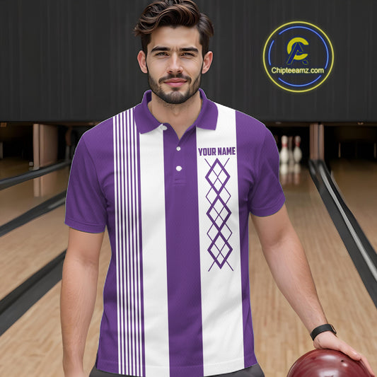 Purple & White retro Argyle Flame bowling Men Polo, 1/4 Quarter Zip Shirts Custom bowling team jersey NQS11314