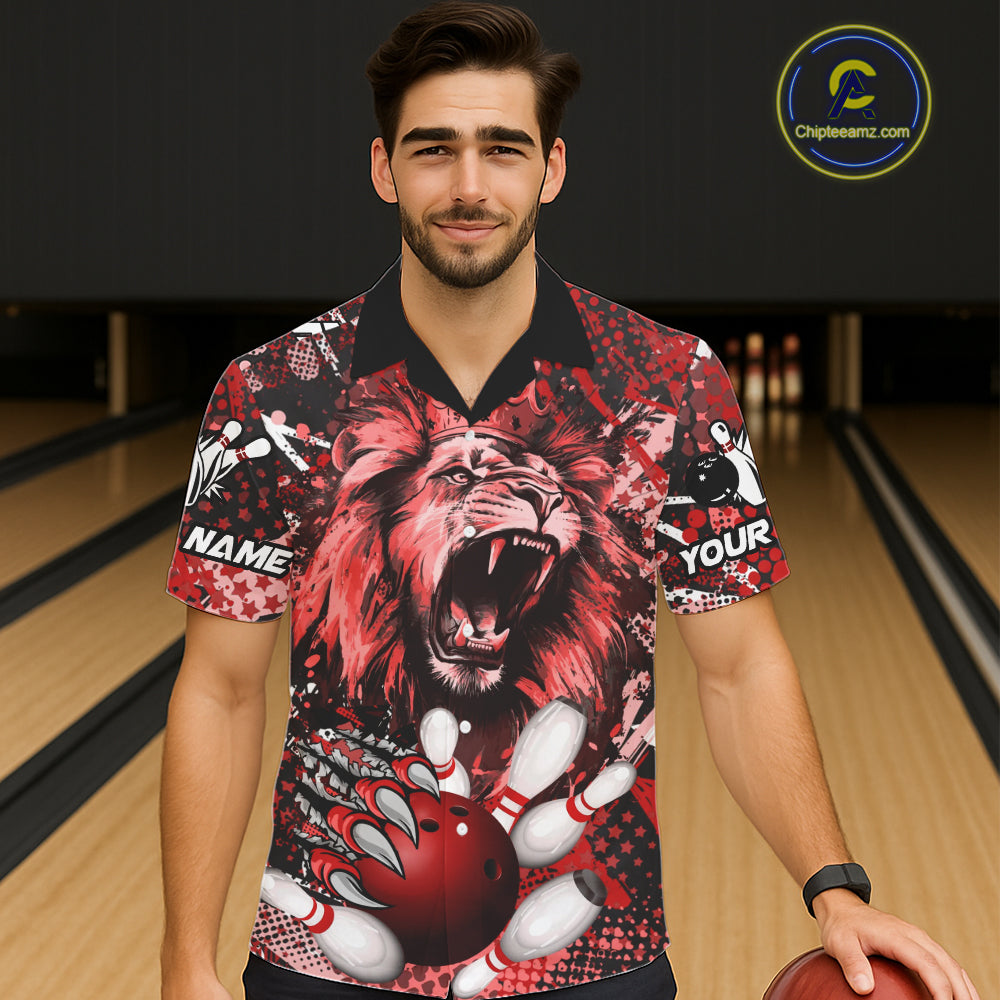 Red Camo Lion roar Bowling Hawaiian Shirt Custom Lion Bowling Team button up shirts NQS11523