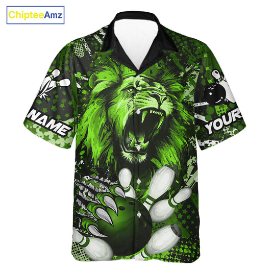 Green Camo Lion roar Bowling Hawaiian Shirt Custom Lion Bowling Team button up shirts NQS11524