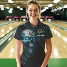 Load image into Gallery viewer, Black and Blue Skull Bowling Polo, Quarter Zip Shirts For Women Custom Bowling Team Jerseys Outfits NQS10171