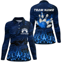 Load image into Gallery viewer, Bowling polo, quarter zip shirts for women Custom Blue camo Flame Bowling Team League Jerseys NQS8548