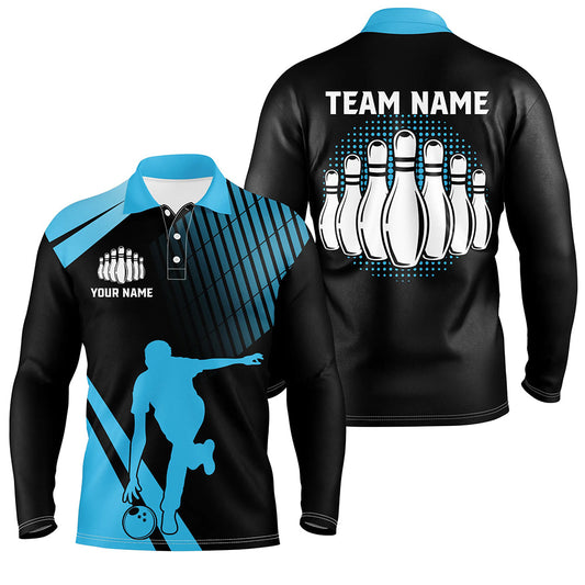 Black and Blue retro Bowling Polo Shirt for Men Custom Bowling ball and pins Team League Jersey NQS7532