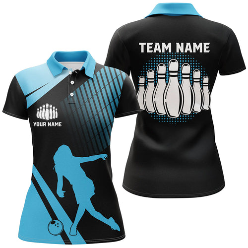 Black and Blue retro Bowling Polo Shirt for Women Custom Bowling ball and pins Team League Jerseys NQS7532