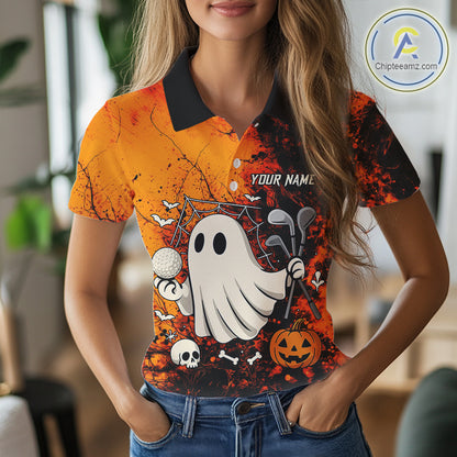 Custom Orange Halloween Boo Golf Polo Shirts for Women, Halloween Ladies Golf Outfits NQS10524