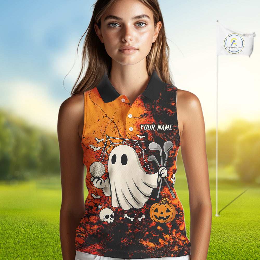 Custom Orange Halloween Boo Sleeveless polo shirt for Women, Halloween Ladies Golf Outfits NQS10524