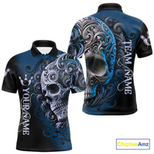 Load image into Gallery viewer, Blue and Black Skull Scroll Men Bowling Polo, Quarter Zip Shirts Custom Skull Team bowling Jersey NQS10939