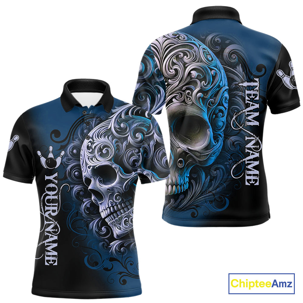 Blue and Black Skull Scroll Men Bowling Polo, Quarter Zip Shirts Custom Skull Team bowling Jersey NQS10939