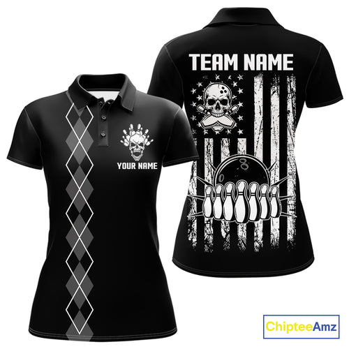 Custom Black and White argyle American Flag Skull retro Womens Bowling Shirts patriotic Team Jerseys NQS11131
