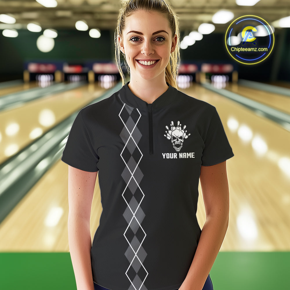 Custom Black and White argyle American Flag Skull retro Womens Bowling Shirts patriotic Team Jerseys NQS11131