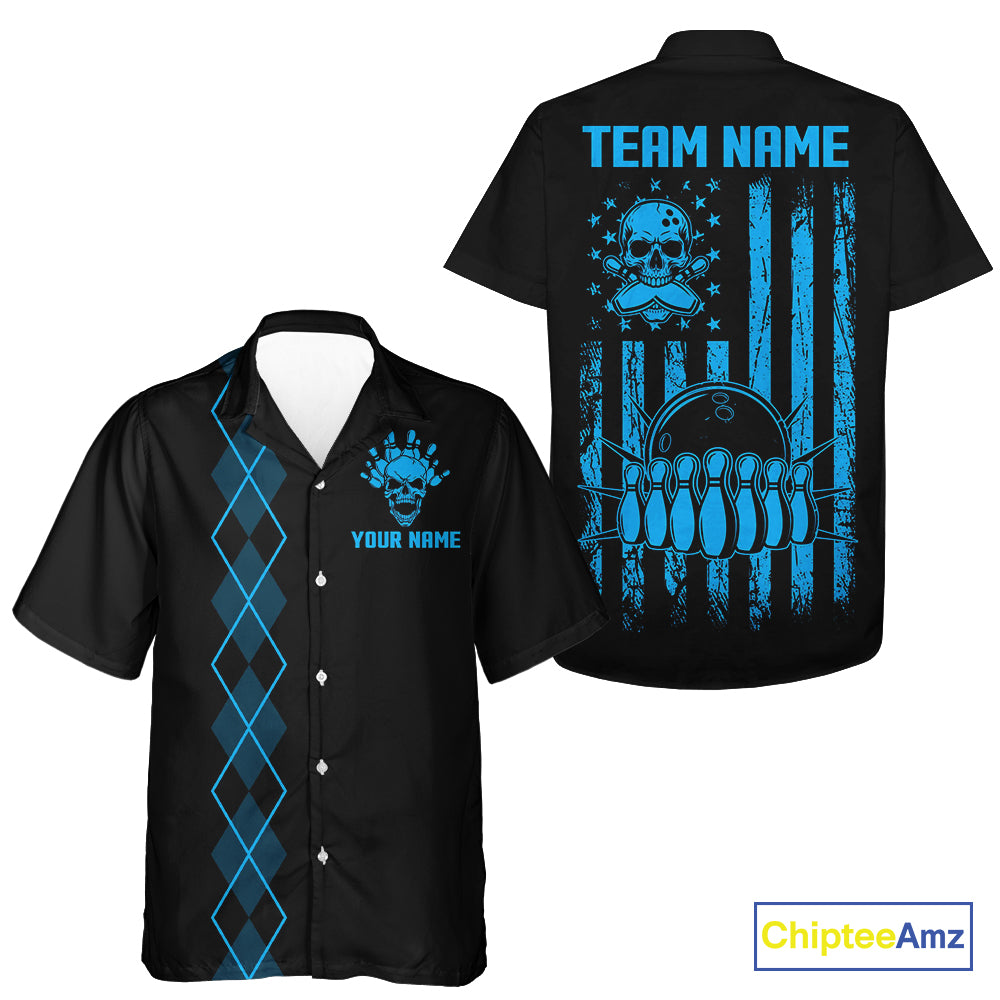 Custom Black and Blue argyle American Flag Skull retro Hawaiian Bowling Jersey patriotic Team shirt NQS11132