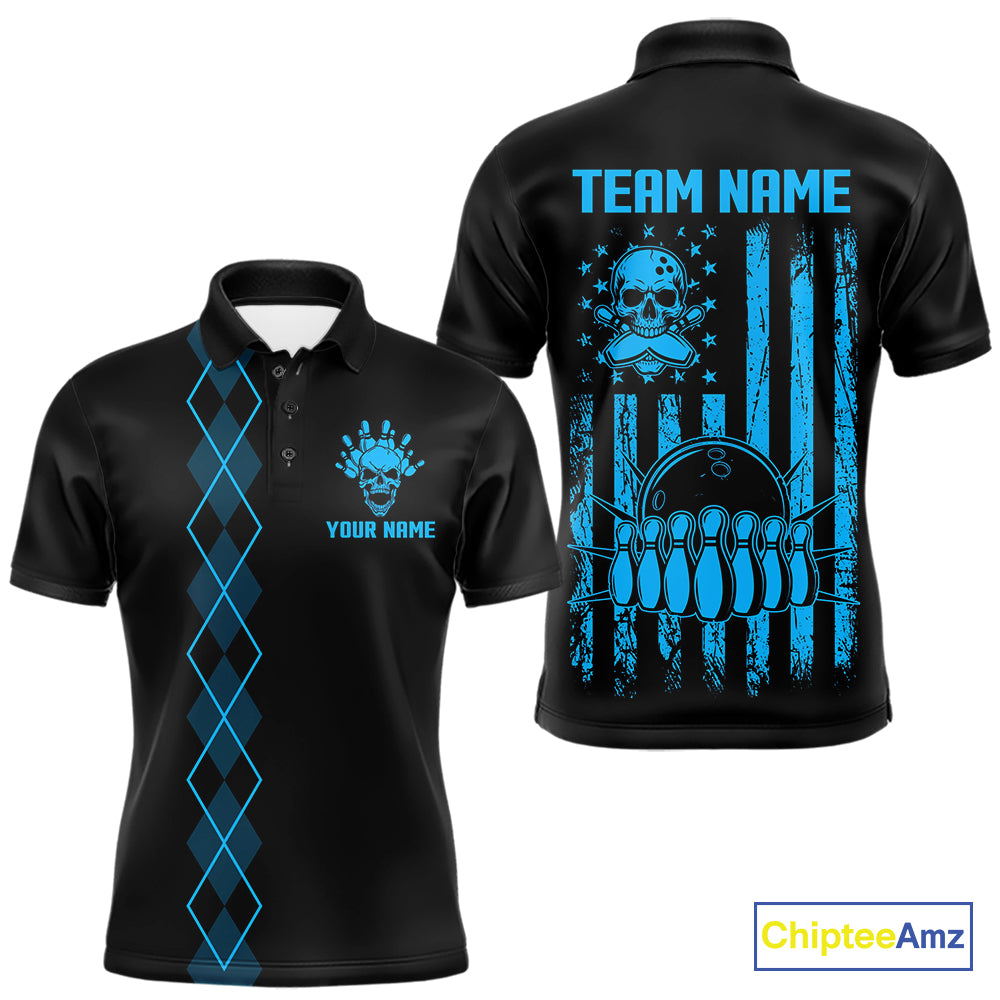 Custom Black and Blue argyle American Flag Skull retro Mens Bowling Shirts patriotic Team Jerseys NQS11132