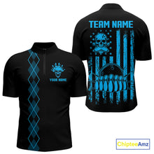 Load image into Gallery viewer, Custom Black and Blue argyle American Flag Skull retro Mens Bowling Shirts patriotic Team Jerseys NQS11132