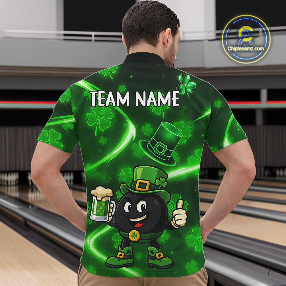 Green shamrock pattern Funny Bowling Shirts For Men Custom St Patrick's Day Lucky Team Bowling Jersey NQS11133