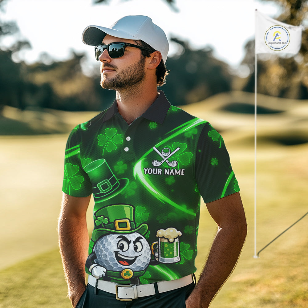 Green shamrock pattern Funny Golf Polo Shirt For Men Custom St Patrick's Day Lucky men's golf outfit NQS11134
