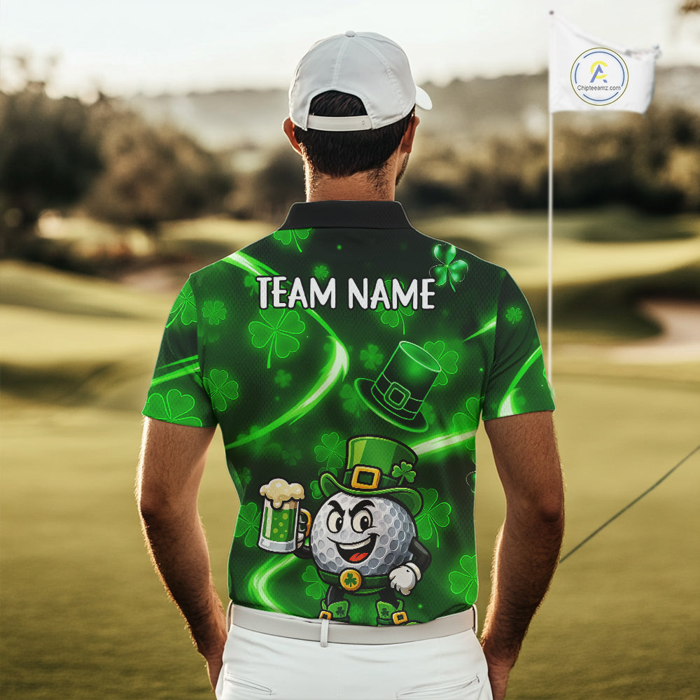 Green shamrock pattern Funny Golf Polo Shirt For Men Custom St Patrick's Day Lucky men's golf outfit NQS11134