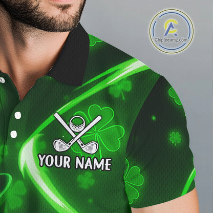 Green shamrock pattern Funny Golf Polo Shirt For Men Custom St Patrick's Day Lucky men's golf outfit NQS11134