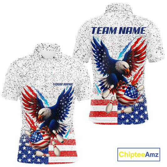 Grunge American Flag Eagle Bowling Polo, 1/4 Zip Shirt For Men Custom patriotic Team Bowling jerseys NQS11327