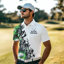 Load image into Gallery viewer, Green Flame Golf Ball pattern fire Black and White Mens golf polos shirts custom golf attire for men NQS9435