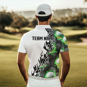 Green Flame Golf Ball pattern fire Black and White Mens golf polos shirts custom golf attire for men NQS9435