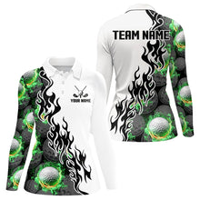 Load image into Gallery viewer, Green Flame Golf Ball pattern fire Black White Womens golf polos shirts custom golf attire for women NQS9435