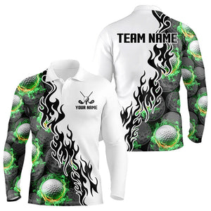 Green Flame Golf Ball pattern fire Black and White Mens golf polos shirts custom golf attire for men NQS9435