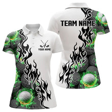 Load image into Gallery viewer, Green Flame Golf Ball pattern fire Black White Womens golf polos shirts custom golf attire for women NQS9435