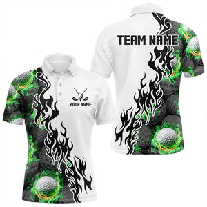 Green Flame Golf Ball pattern fire Black and White Mens golf polos shirts custom golf attire for men NQS9435