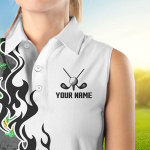 Green Flame Golf Ball pattern Black White Womens sleeveless polo shirts custom golf attire for women NQS9435