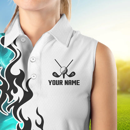 Blue Turquoise Flame pattern Black White Womens sleeveless polo shirts custom golf attire for women NQS9436