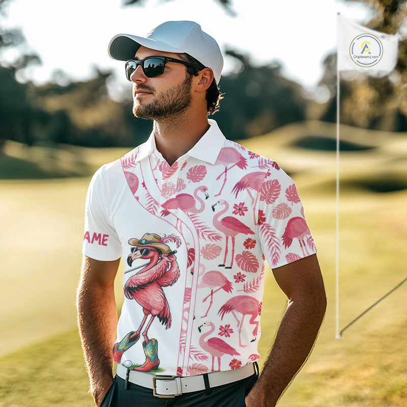 Funny White and Pink Flamingo golf polo shirts for men Custom team Flamingo golf outfit, golfer gifts NQS11546