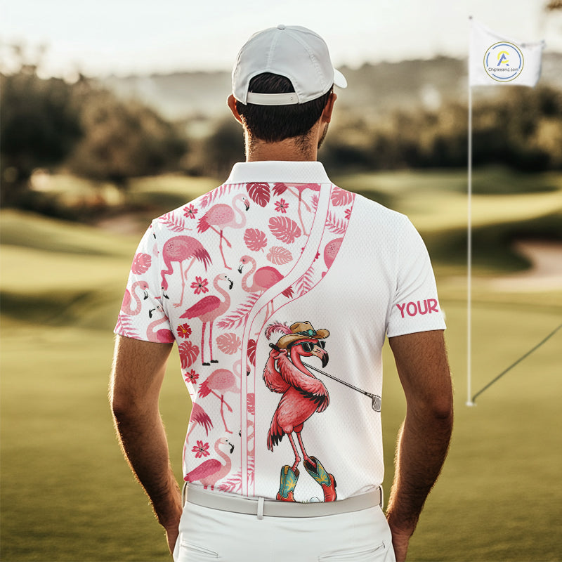 Funny White and Pink Flamingo golf polo shirts for men Custom team Flamingo golf outfit, golfer gifts NQS11546