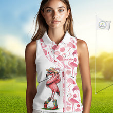Load image into Gallery viewer, Funny White and Pink Flamingo sleeveless golf polo shirts Custom team Flamingo golf outfit ladies NQS11546