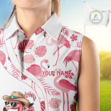 Load image into Gallery viewer, Funny White and Pink Flamingo sleeveless golf polo shirts Custom team Flamingo golf outfit ladies NQS11546