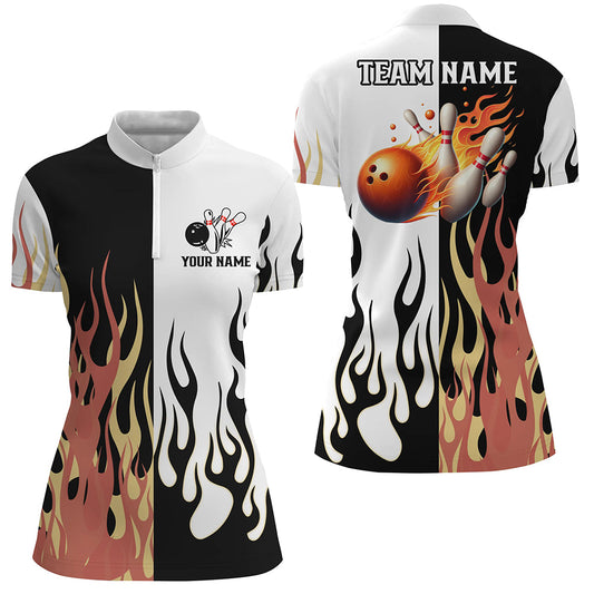 Black and white Womens Quarter Zip shirts Custom flame bowling Team Jerseys, womens bowling shirts NQS7351