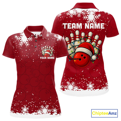 Red Christmas Bowling snowflake Women's Bowling Polo, Quarter Zip shirts Custom Xmas Bowling Outfits NQS10949