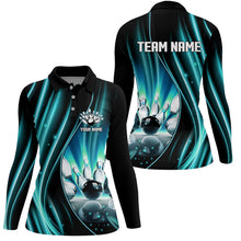 Load image into Gallery viewer, Cyan Blue and Black Light Women Polo, Quarter Zip Shirts Custom bowling team jerseys, gift for bowlers NQS9037