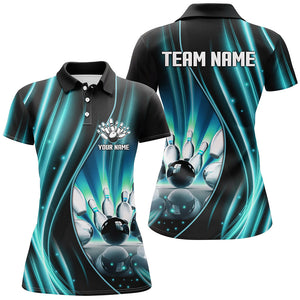 Cyan Blue and Black Light Women Polo, Quarter Zip Shirts Custom bowling team jerseys, gift for bowlers NQS9037