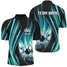 Load image into Gallery viewer, Cyan Blue and Black Light Men Polo, Quarter Zip Shirts Custom bowling team jerseys, gift for bowlers NQS9037