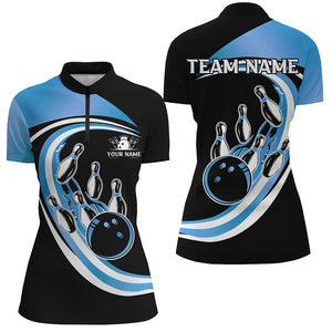 Black & Blue Bowling Polo, 1/4 Zip Shirts For Women Custom Bowling Team League Jersey, Gift For Bowler NQS9042